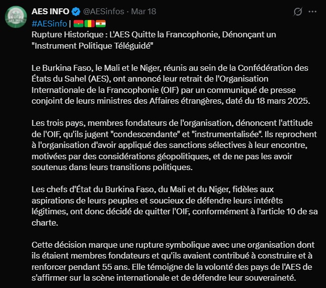 Mali, Burkina Faso et Niger quittent l’organisation de la Francophonie